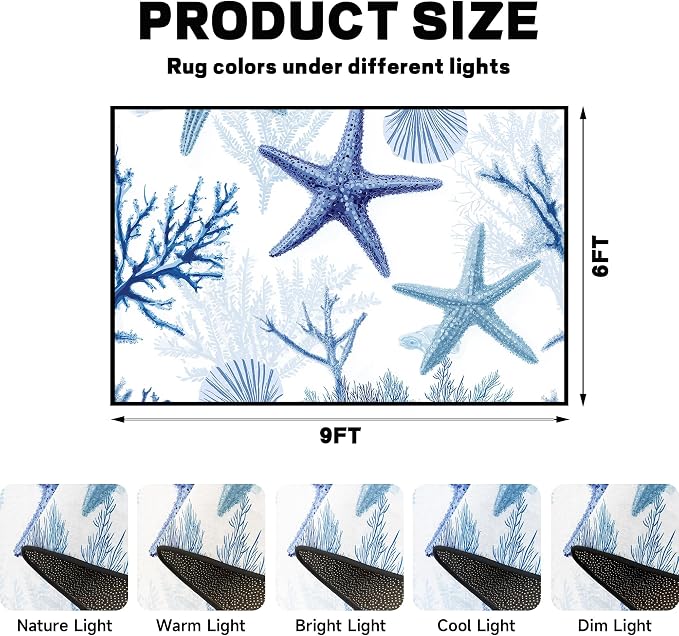 Coastal Starfish Rug 6'x9' Blue Ocean Area Rug Coral Seashell Floor Mat Washable Low Pile Carpet for Bedroom Living Room Kitchen Nursery Playroom Home Decor