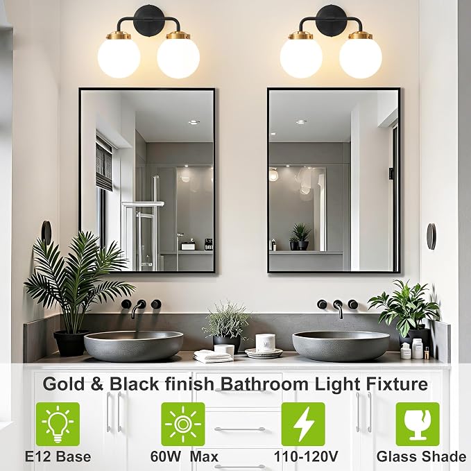 Black Gold Bathroom Light Fixtures Over Mirror, 14.17'' Vanity Lighting with Milk White Glass Globe Shades 2-Light Farmhouse Wall Sconce