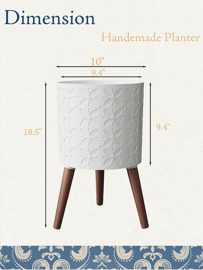10 Inch Planters Pot with Stand, Planter for Indoor Plants, Modern Large Flower Planter Pot with Drainage Holes for Outdoor,Matte White