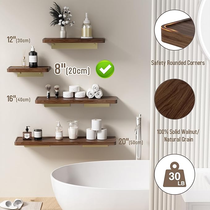 Danpoo 8 Inch Solid Wood Wall Shelf for Storage, Wall Mounted Rustic Walnut Wood Shelves for Bathroom, Living Room, Bedroom and Kitchen