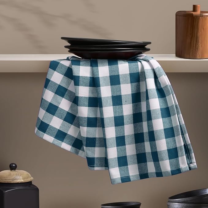 Gingham Checked Kitchen Dish Towels 12 Pack, 18"x26", 100% Cotton, Quick Dry Wash Rags, Reusable Dishcloths Set, Machine Washable, Absorbent Hand Towel - Teal Green, White