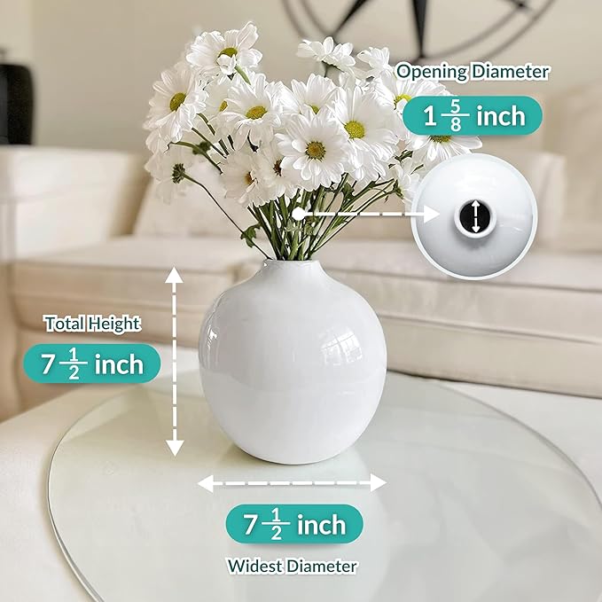 Willowy 7.5 Inch Large White Ceramic Vase with Glossy Finish - White Vases for Flowers, Round Vases for Decor, for Flower, for Pampas Grass