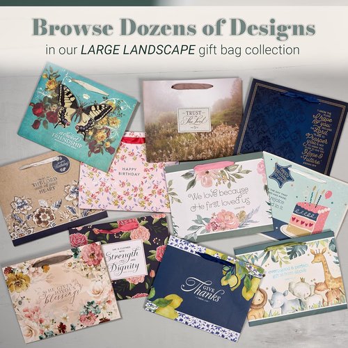 Christian Art Gifts Large Landscape Gift Bag Set - Inspirational Scripture & Floral Design, Love Is Kind Verse, Satin Ribbon Handles
