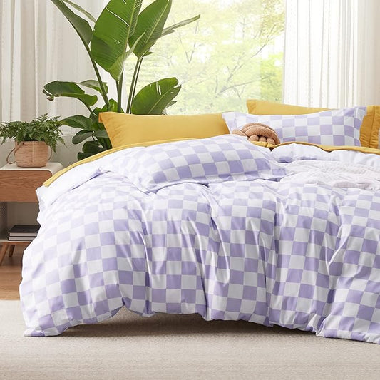 Bedsure Duvet Cover Queen Size - Reversible Checkered Duvet Cover Set with Zipper Closure, 3 Pieces Purple Bedding Set with 8 Corner Ties and 2 Pillow Shams 20"x26"