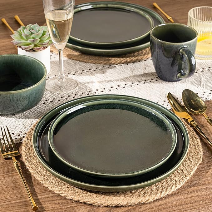 GBHOME Ceramic Dinnerware Sets for 8, 24 Pieces Stoneware Plates and Bowls Sets, Reactive Glaze Dishes -Scratch Resistant, Dishwasher&Microwave Safe, Earth Green