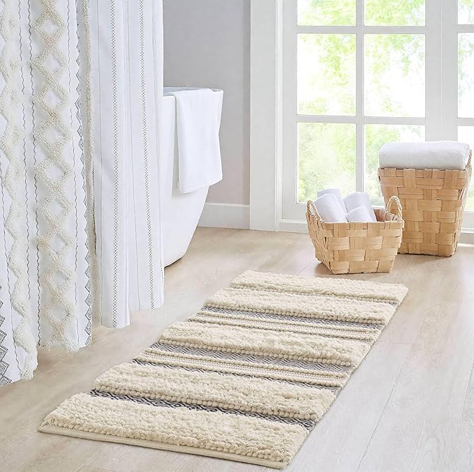 Ink+Ivy Bath Rug Hand-Woven Texture Shaggy Striped Soft & Water Absorbent, Boho Bathroom Décor Bath-Mats, Non-Slip Absorbent Quick Dry Mats for Tub, Shower Room, Asher, 22x58, Navy 1 Piece
