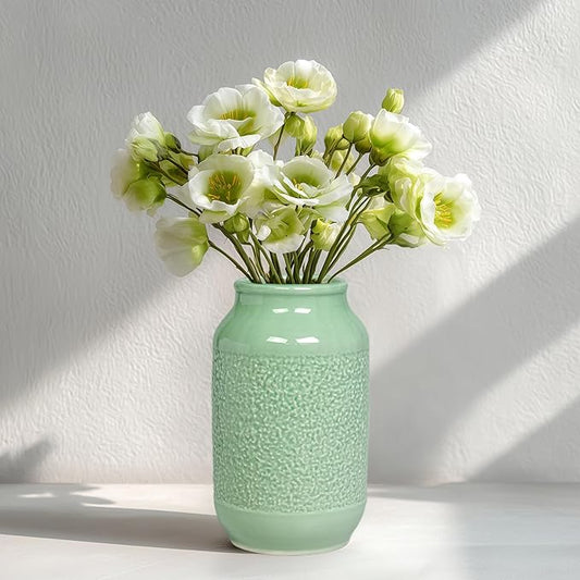 Ceramic Flower Vase, 9 Inch Green Vases for Home Decor, Modern Vase, Centerpieces, Table, Shelf, Console Cabinet, Entryway, Living Room, Bathroom, Office Decor