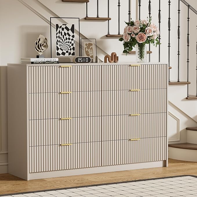 Beige Dresser for Bedroom, Modern Dresser with 8 Drawers and Smooth Slides, Wide Chest of Drawers with Golden Handles for Bedroom, Closet, 15.7" D x 55" W x 37.4" H