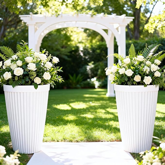 20" Tall Planters Set of 2, High-Density Resin Fluted Outdoor Pots for Plants, Versatile Indoor/Outdoor Flower Pots w/Drainage Holes for Patio, Garden, Porch & Living Room Decor, Ideal Gift