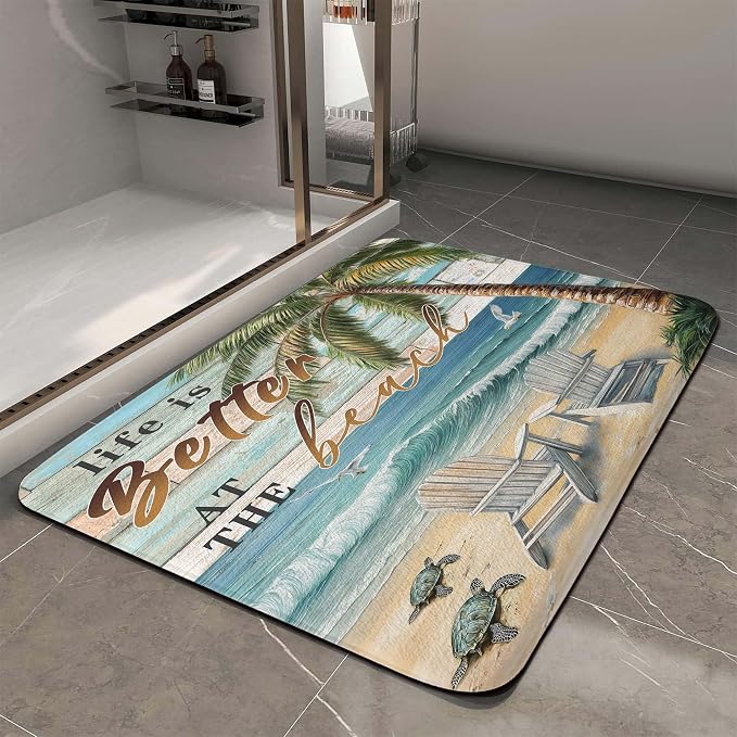 Beach Sea Turtle Seagull Palm Tree Ocean Bathroom Rugs Mat, Non Slip Rustic Beach Bath Rugs for Bathroom, Durable Rustic Wooden Flannel Mat Rug, Absorbent Water Mats for Laundry Room Kitchen,19X31