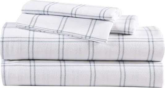 Eddie Bauer - Flannel Sheets King Size, Anti-Pilling & Wrinkle Resistant Cotton, Touchably Soft for All-Season Comfort - Bed Sheets with Matching Pillowcases & Fitted Sheet (Westridge Plaid Blue)