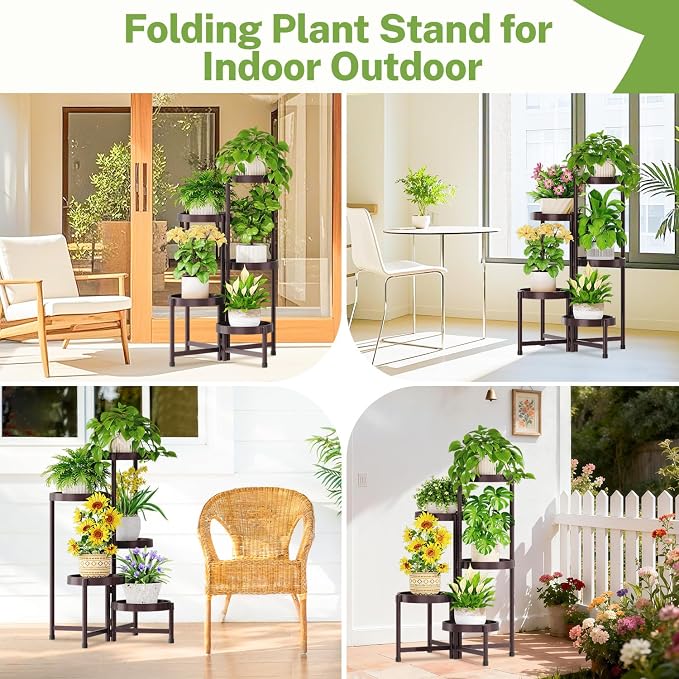 iDavosic.ly 5 Tier Folding Plant Stand Indoor Outdoor with Plastic Tray, Tiered Corner Flower Holder Shelf, Metal Orchid Display Rack for Patio Porch Living Room Garden Balcony, Bronze