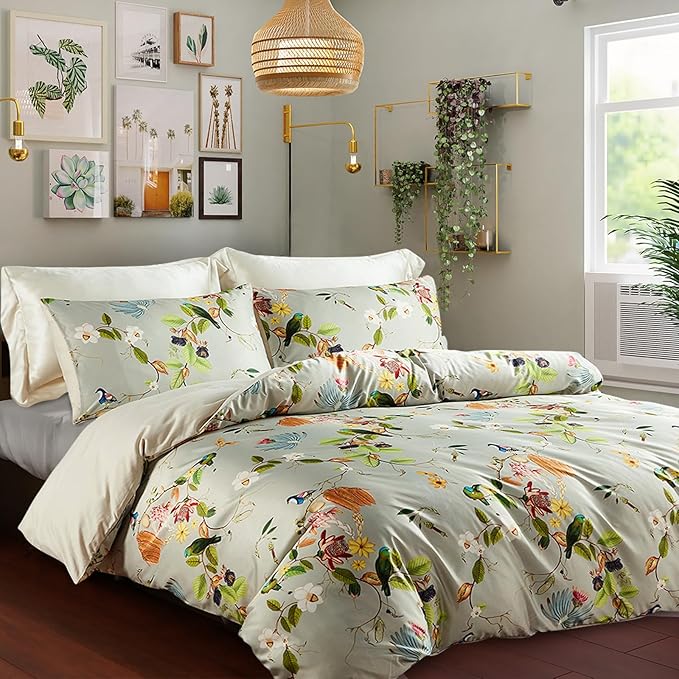 mixinni Duvet Cover Queen Size Set Floral Leaves Pattern Cotton Bird Printed Bedding Duvet Covet Set with Zipper Ties, Perfect for Him and Her, Easy Care, Soft and Breathable-(3pcs, Queen Size)
