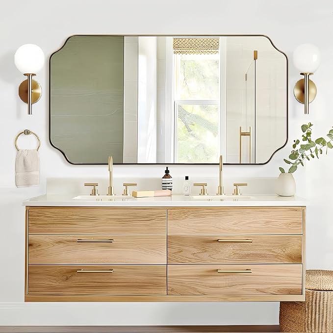 ANDY STAR 30"x55" Large Bathroom Mirror, Gold Scalloped Mirror for Bathroom, Brushed Brass Full Length Wall Mirror with Rust-Proof Stainless Steel Frame, Hangs Vertically or Horizontally