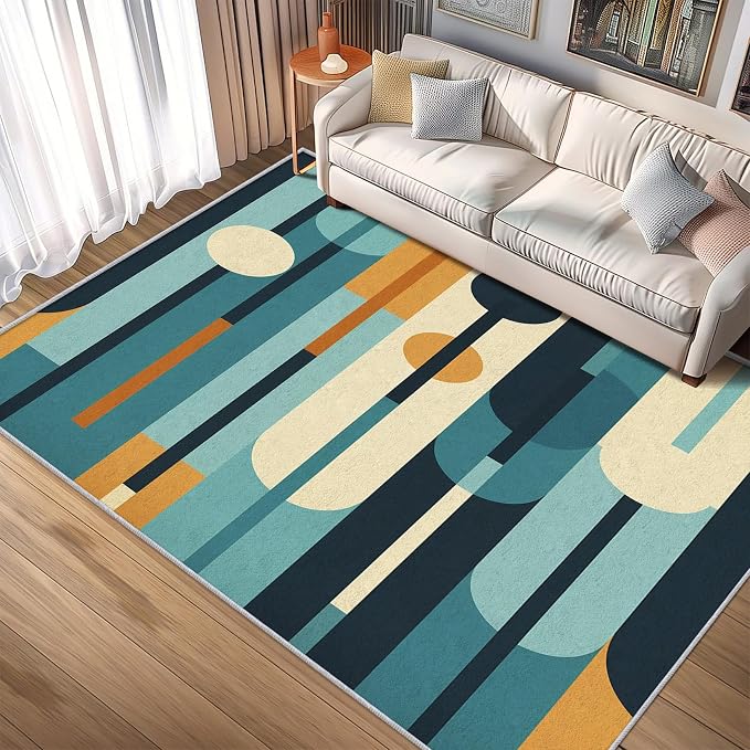 Mid Century Rug 3x5, Washable Modern Geometric Rugs for Living Room Bedroom, Abstract Mid-Century Area Rug for Home Decor, Non Slip Backing Floor Carpet - 3 x 5 ft