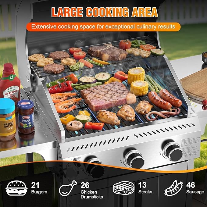 Electactic Propane Gas Grill, 3-Burner 24,000 BTU Stainless Steel BBQ Grill with Foldable Shelf for Outdoor Barbecue and Cooking