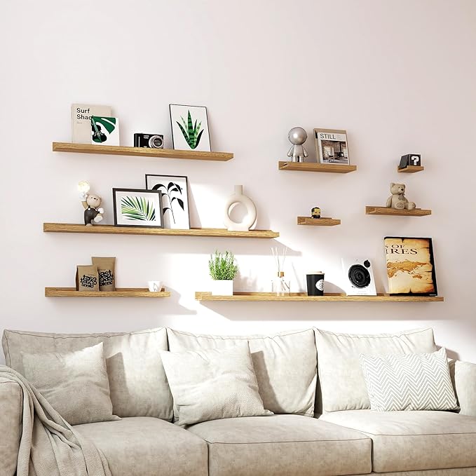 Floating Shelves for Wall Decor, Wall Mounted Wood Storage Shelf for Bedroom, Living Room, Bathroom, Kitchen, Nursery, Display Picture Ledge Shelf with Lip Set of 2-14 Inches, Oak