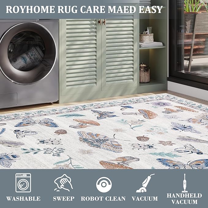 5x7 Washable Mushroom Floral Small Rug Non Slip Living Room Vintage Area Rug Low Pile Soft Bedroom Rugs Non Shedding Kitchen Rugs Boho Retro Indoor Carpet for Kids Nursery Room, Beige