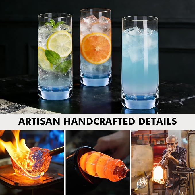 Blue Highball Glasses Set of 6,13oz Drinking Glass Cups for Mixed Drink Cocktail, Beer, Mojito, Water and Juice,Thick Tall Crystal Glassware for Kitchen, Restaurant, Home Bar and Parties
