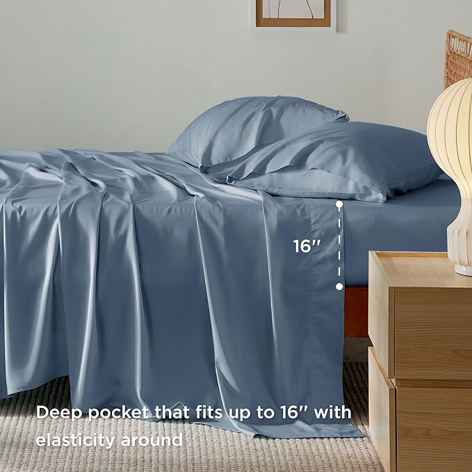 Bedsure King Size Sheets Set, Cooling Sheets for Hot Sleepers, Rayon Derived from Bamboo, Breathable & Soft, Deep Pocket Up to 16 Inches, Hotel Luxury Silky Bedding, Dusty Blue