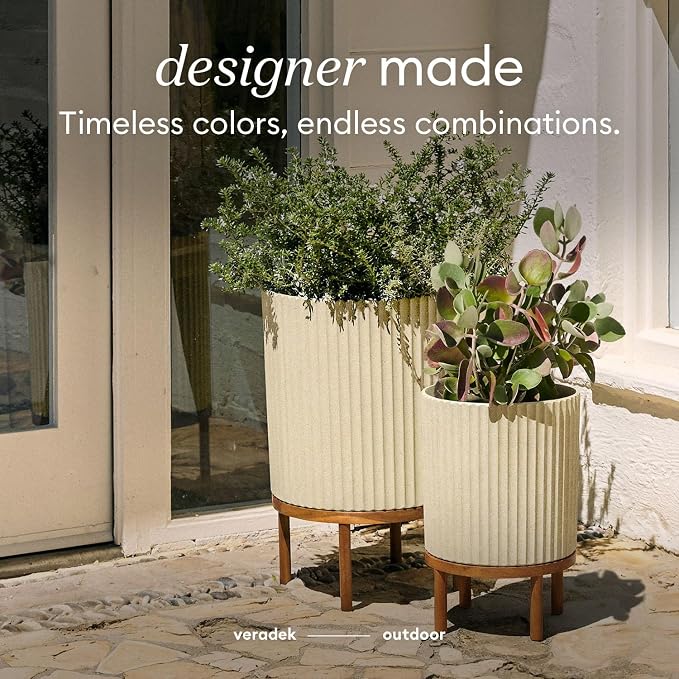 Veradek Demi Series Round Planter w/ Stand for Porch/Patio | Durable Plastic-Concrete & Wooden Stand | Modern Décor for Tall Plants, Flowers