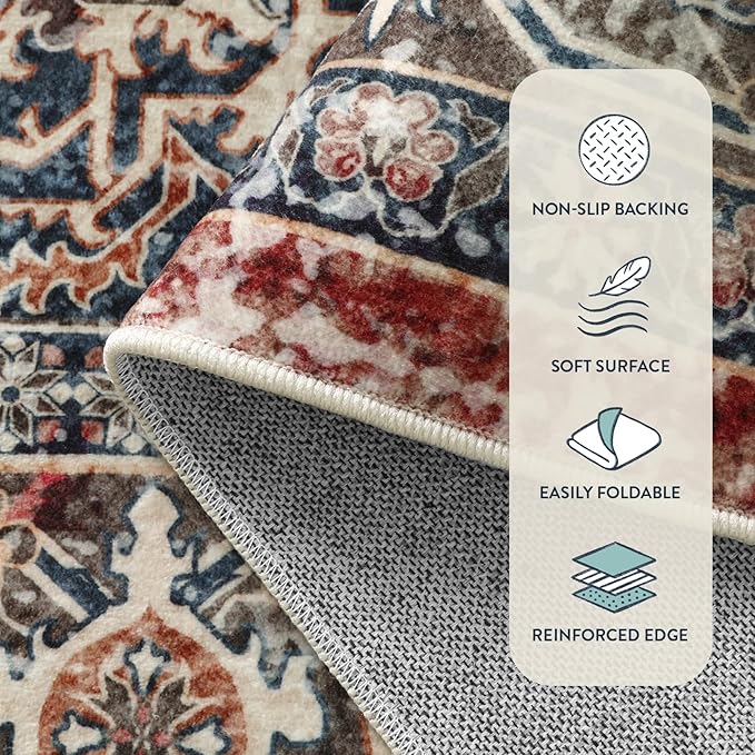 Lahome Oriental Washable Rugs for Living Room, 5x7 Area Rugs for Bedroom Ultra-Thin Non-Slip, Stain Resistant Vintage Low-Pile Throw Carpet for ‎Dining Room Office, Brick Red