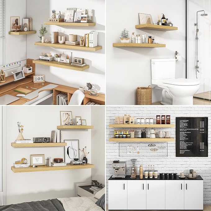 RICHFOCUS 24Inch Floating Shelves for Wall 2 Pack Shelves for Bedroom|Kitchen|Bathroom Wall Mounted Rustic Wood Floating Shelf with Invisible Brackets for Books|Storage|Decor, Oak
