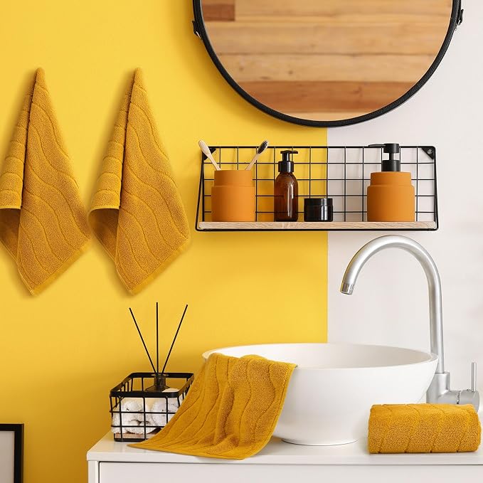 VitalCozy 4pcs Yellow Hand Towels Set for Bathroom Decorative 14x29 Inch Wavy Striped 100% Cotton Soft Absorbent for Bathroom Kitchen Mustard Fall Gift for Festival