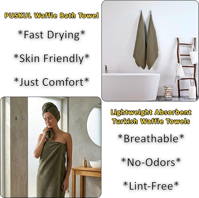 PÜSKÜL Natural 100% Turkish Cotton Waffle Bath Towels Set of 2-Piece | 32x63 inch Extra Large Absorbent Quick-Dry Lightweight Spa Towel | Honeycomb Weave Towel (Khaki Green Bath Towels - Pack of 2)