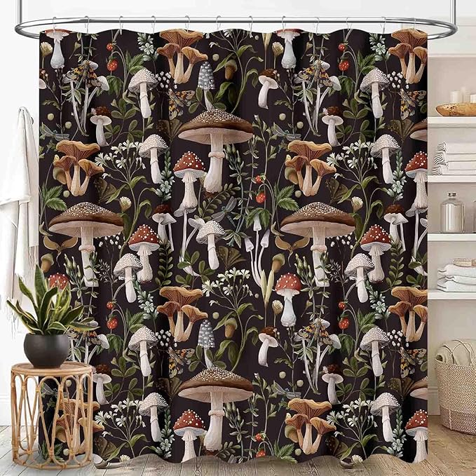 Mushroom Shower Curtain, RFarmhouse Country Wild Floral Botanical Mushroom Cottagecore Nature Plants Leaves Herbs Black Waterproof Fabric Bathroom Shower Curtain Set with Hooks, 72"x72" Inch
