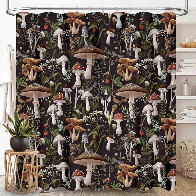 Mushroom Shower Curtain, RFarmhouse Country Wild Floral Botanical Mushroom Cottagecore Nature Plants Leaves Herbs Black Waterproof Fabric Bathroom Shower Curtain Set with Hooks, 72"x84" Inch