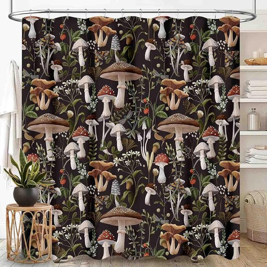 Mushroom Shower Curtain, RFarmhouse Country Wild Floral Botanical Mushroom Cottagecore Nature Plants Leaves Herbs Black Waterproof Fabric Bathroom Shower Curtain Set with Hooks, 72"x84" Inch