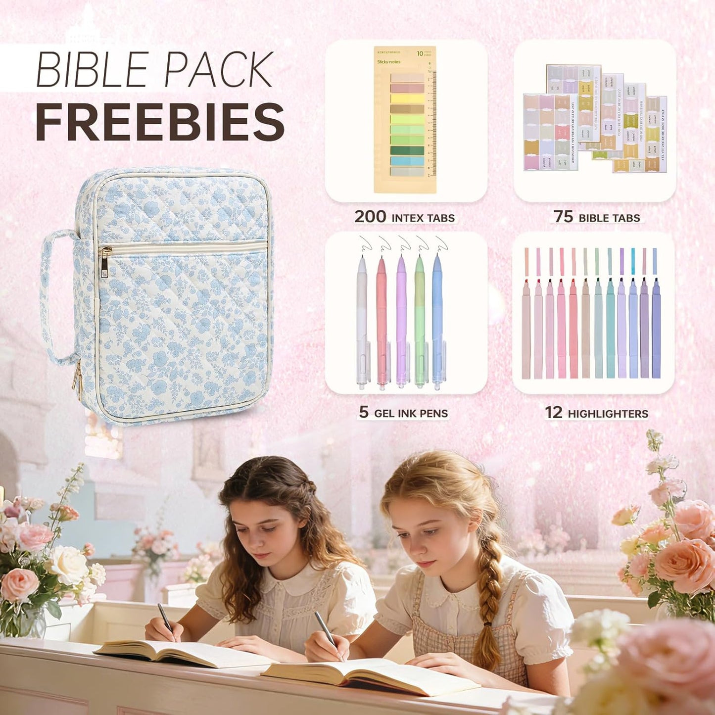 Skiennix Bible Cover - Quilted Large Bible Carrying Case for Women | Blue Floral Design