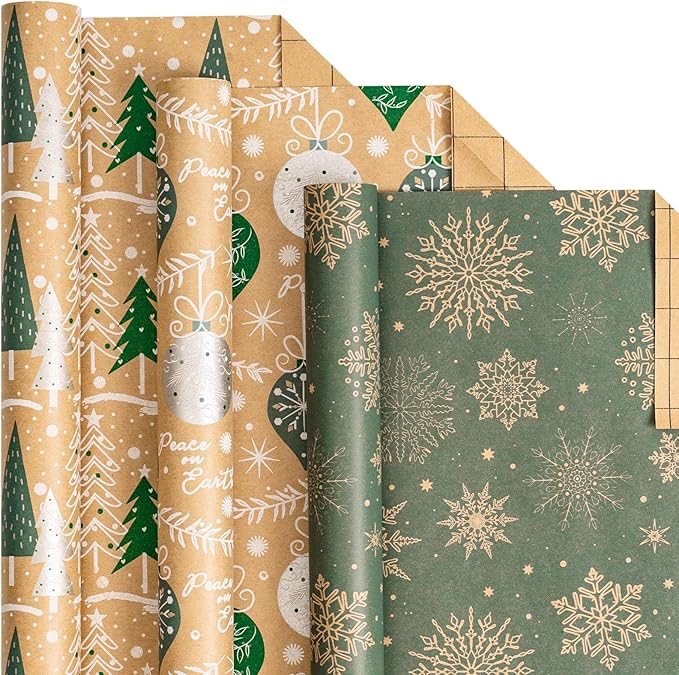 LeZakaa Christmas Kraft Wrapping Paper Roll, Brown Gift Wrap with Green & White Holiday Designs, Trees, Ornaments & Snowflakes Pattern for Christmas Presents, Arts Crafts, 17 x 120 inches, 3 Rolls