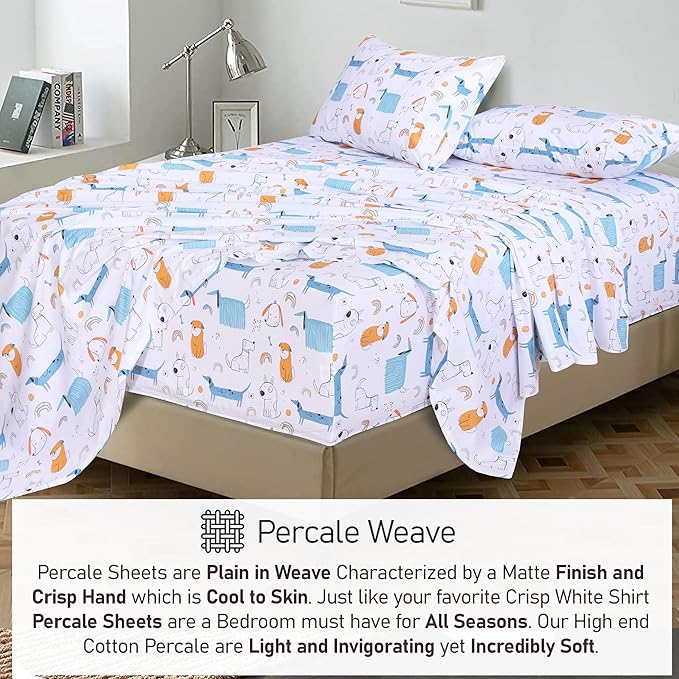 RUVANTI 100% Cotton Full Size Bed Sheets, 4 Pieces, Soft & Breathable Percale Weave Bedding, Deep Pocket 16", Hotel Standard, Crisp Cool Feel, Durable, Perfect Sheet Set Floral, Puppy Me