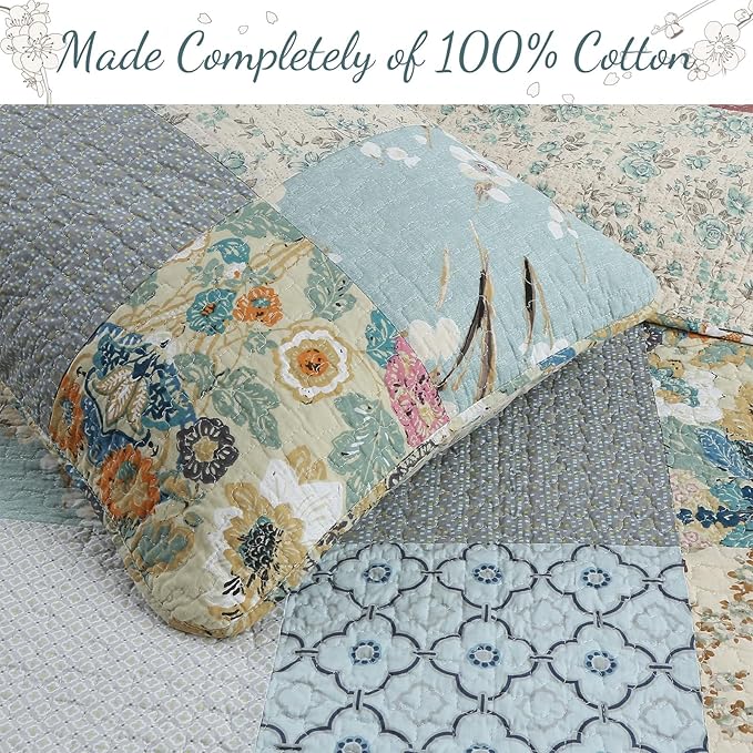 Cozy Line Home Fashions 100% Cotton Classic Patchwork Bedding Quilt Set, Blue Gray Teal Taupe Floral Bohemian Style Reversible Bedspread Coverlet (Carolina Bloom, King - 3 Piece)