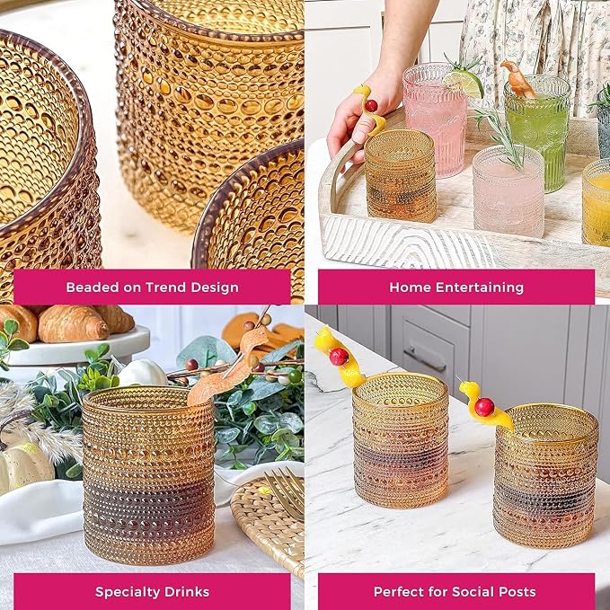 Kate Aspen Beaded Amber Drinking Glasses Set of 6-10 oz Vintage Glassware Set Jupiter Glasses, Cocktail Glass Set, Juice Glass, Water Cups Hostess Gift, Present, Gift for Newlyweds