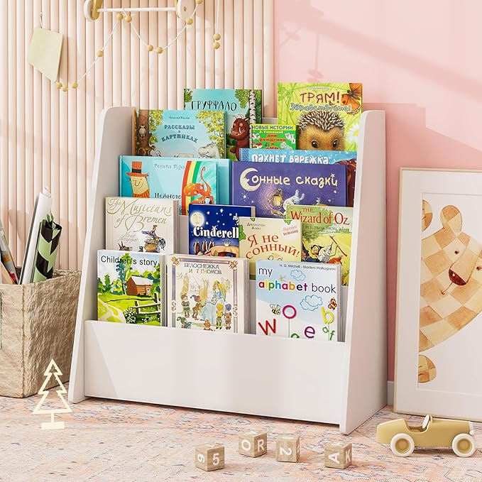 Costzon 4-Tier Kids Bookshelf, Front Facing Children Bookcase with Deep Compartments, Magazine Storage Rack for Kids Bedroom, Playroom, Nursery, Classroom, Kindergarten (White)
