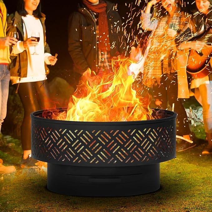 OutVue 26" Wood Burning Fire Pits with Grill & Lid, Fire Pit Table for Outside with Waterproof Cover & Fire Poker, Outdoor Firepit with Functions for BBQ,Table and Bonfire