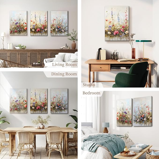 SERIMINO Large Wall Art for Living Room Canvas Prints, Nature Floral Botanical Wall Art Set 3 Piece Farmhouse Decor, Misty Flowers Modern Home Decor Paintings for Bedroom Bathroom 16"X24"