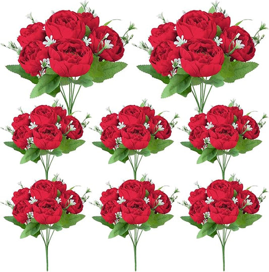 8 Pack Red Peonies Artificial Flowers, Fake Silk Hydrangea Bouquet for Bridal Wedding Home Table Decor Reusable Dining Opening Ceremony Birthday Arrangement Faux Floral