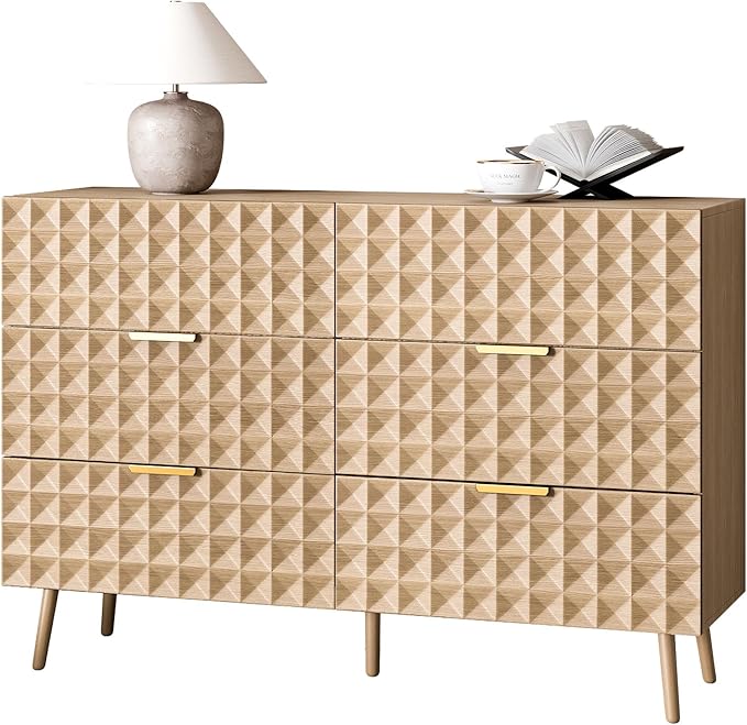 Dresser for Bedroom,Chest of Drawers with Diamond-Shaped 6 Drawer Dresser,Bedroom Dressers TV Stand for Living Room(Natural Oak)