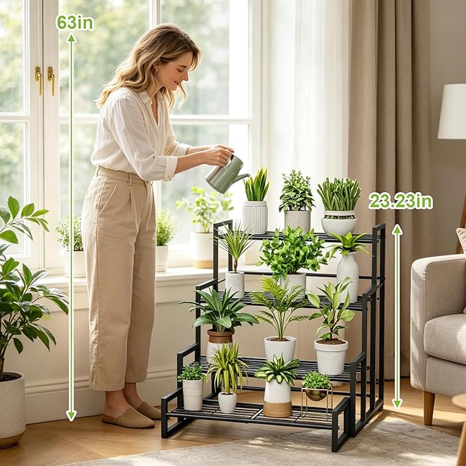 VyGrow Plant Stand, 4 Tier Widened Stackable Tiered Plant Stand, Upgraded Scalable Heavy Duty Tall Plant Shelf for Indoor Outdoor, Garden, Display Shelves, Flower Pot Holder, Black