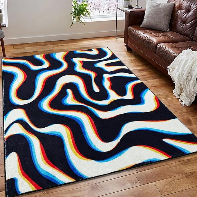 Trippy Abstract 5x7 Area Rug Ultra Thin Flatweave Funky Aesthetic Minimalist Geometry Swirl Bedroom Rug Colorful Black White, Retro Cool Washable Carpet for Kitchen Entryway Living Room Dorm