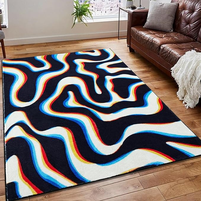 Trippy Abstract 3x5 Area Rug Non Slip Ultra Thin Flatweave Funky Aesthetic Wavy Stripes Swirl Throw Rug Colorful Black White, Retro Cool Cute Washable Carpet for Kitchen Entryway Bedroom