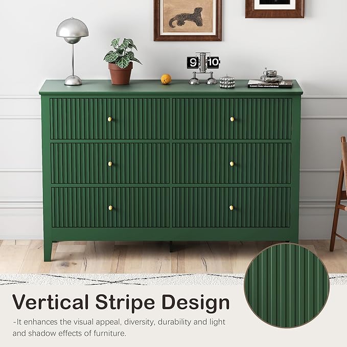 Green Dresser for Bedroom, 6 Drawers Fluted Chest of Drawers with Storage, Modern Wide Storage Dresser with Paint Design, Wood Drawer Organizer Green Dressers for Hallway, Entryway