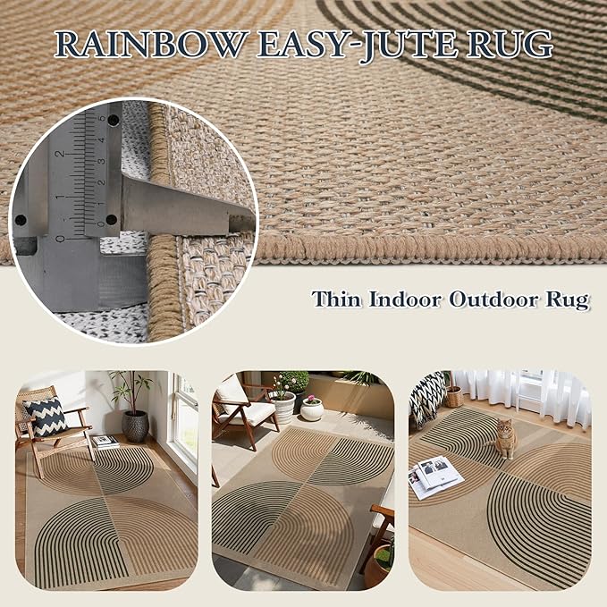 Lahome Enfys Modern Rainbow Easy Jute Rug, 4x6 Washable Rugs for Entryway Office Farmhouse Kitchen Mats for Floor, Contemporary Non Slip Floor Carpet for Backyard Sunroom Living Room Bedroom