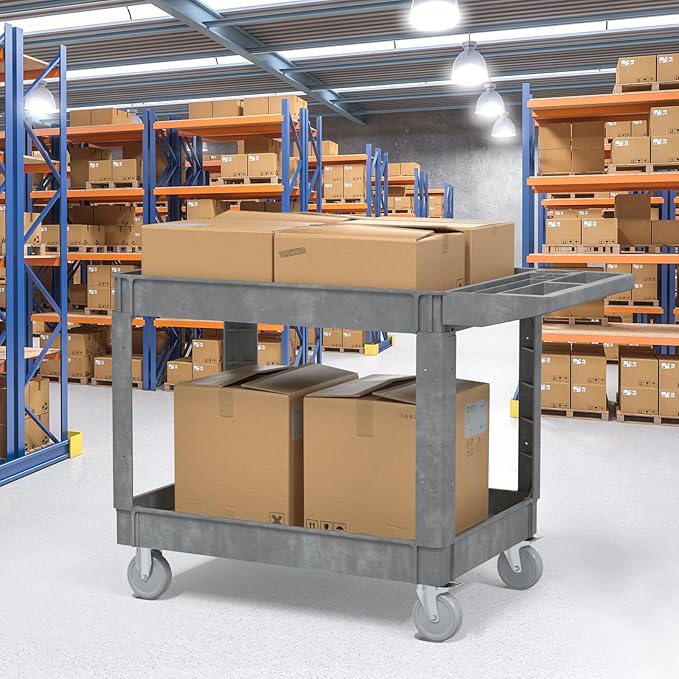 Utility Cart on Wheels, 2 Shelf Heavy Duty Plastic Rolling Cart, 550LBS Capacity Service Carts for Warehouse, Garage, School, Kitchens, Office(Gray, 45.7)