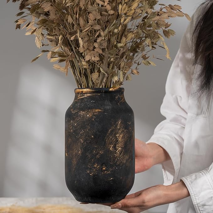 Rustic Ceramic Farmhouse Flower Large Vase, Whitewashed Terra Cotta Vase, Pottery Decorative Flower for Home Decor, Table, Living Room Decoration, Shelf Decor, Mantel, 9.5 Inch, Bronze