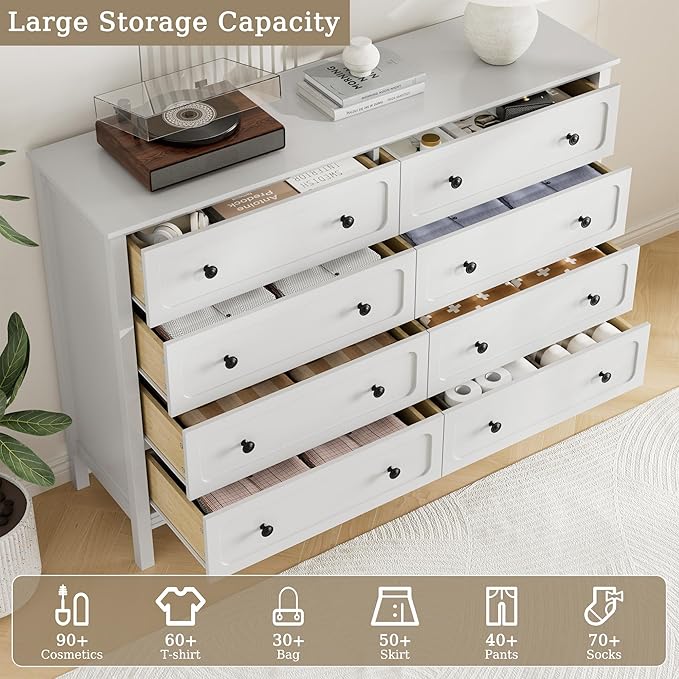 White Dresser for Bedroom, 8 Drawer Dresser with Metal Handles, 55" Wide Modern Dressers & Chest of Drawers for Living Room, Hallway, Entryway
